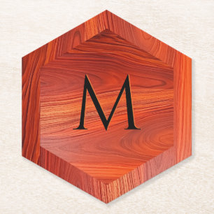 Cherry wood texture custom monogram. paper coaster