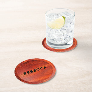 Cherry wood texture custom monogram. round paper coaster