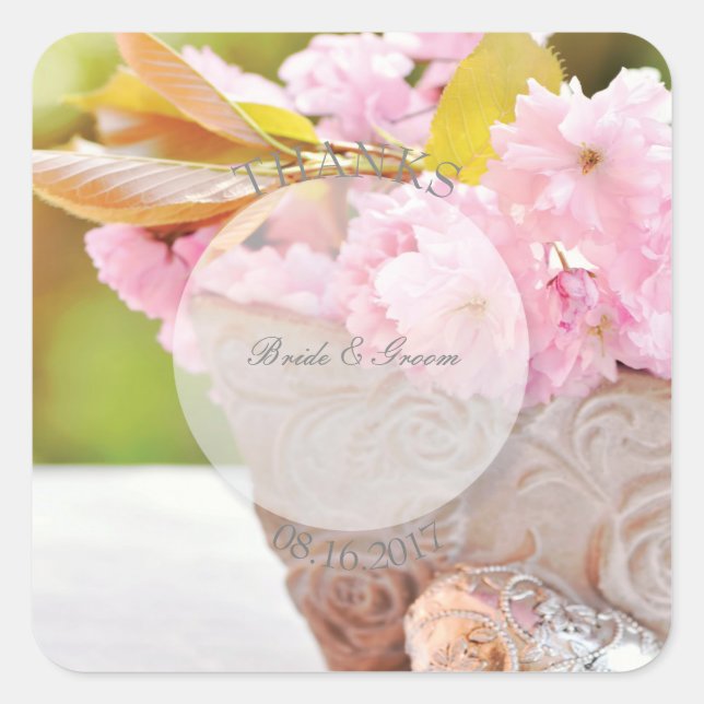 Cherryblossoms editable wedding-thanks square sticker (Front)