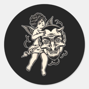 Cherub And Satan Traditional Tattoo Blackwork Classic Round Sticker