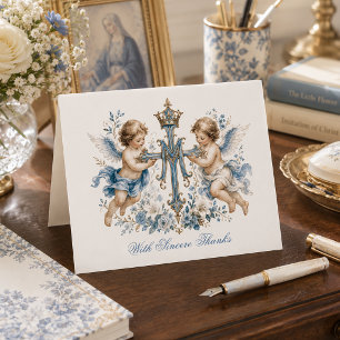 Cherub Angel Blue Floral Marian Monogram Thank You Card
