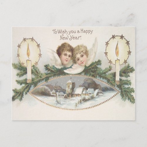 Cherub Angel Candle Evergreen Bough Postcard