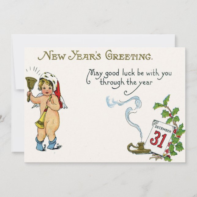 Cherub Angel Holly Calendar Bell Horn Invitation (Front)