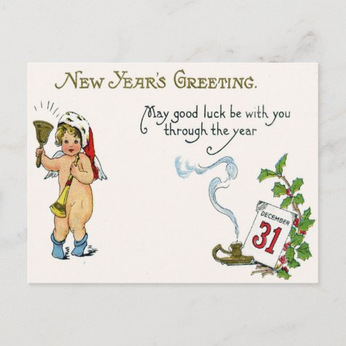 Cherub Angel Holly Calendar Bell Horn Postcard