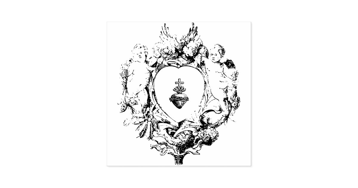 Cherub Angels Sacred Heart Of Jesus Religious Rubber Stamp