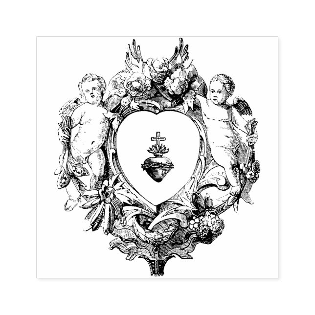 Cherub Angels Sacred Heart of Jesus Religious Rubber Stamp (Imprint)