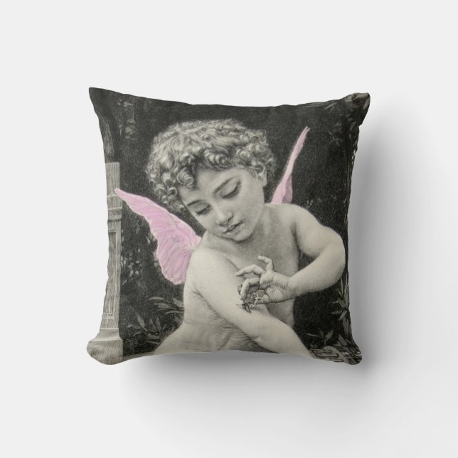Cherub Bouguereau Boy Butterfly Fairy Engraving Throw Pillow (Front)