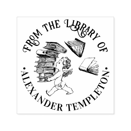 Cherub Carrying Falling Pile of Books Library Name Self_inking Stamp