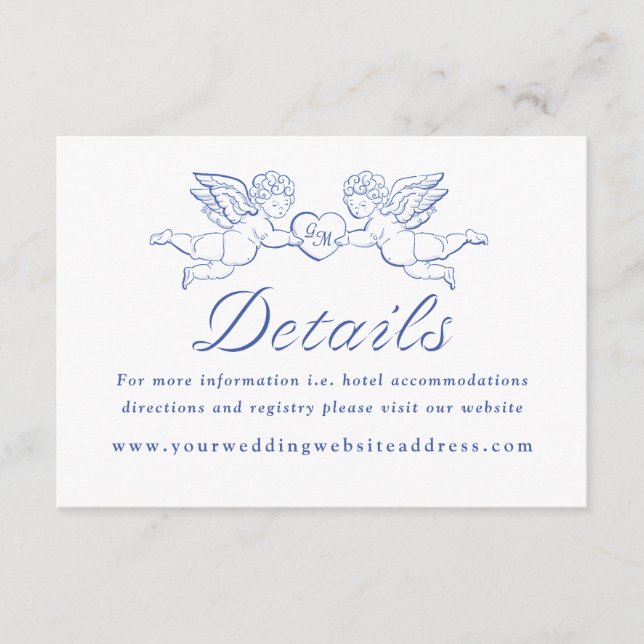 Cherub Cupid Couple Holding Heart Wedding Details Enclosure Card (Front)