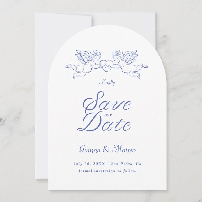 Cherub Cupid Couple Holding Heart Wedding Save The Date (Front)