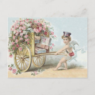 Cherub Cupid Mail Rose Candy Cart Postcard