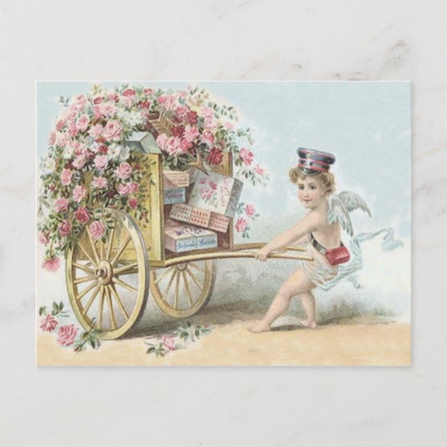 Cherub Cupid Mail Rose Candy Cart Postcard (Front)