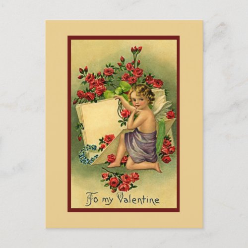 Cherub with Book and Red Roses Vintage Valentine Holiday Postcard