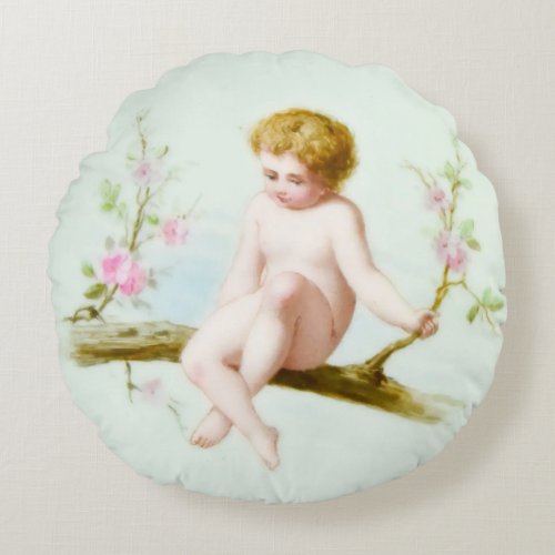 Cherubic Cupid Sits on Pink Flower Vine Swing Round Pillow