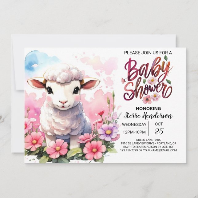 Cherubic Lamb Delight Pink Girl Baby Shower Invitation (Front)