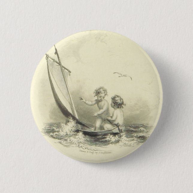 Cherubs - Angels on the Water Engraving Pinback Button (Front)