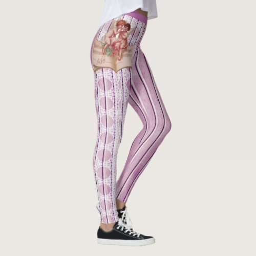 Cherubs Angels White Lace Lilac Pink Purple Stripe Leggings