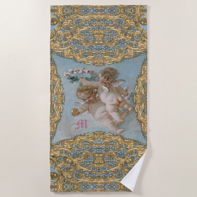 Cherubs at Play Baroque Monogram Beach Towel (Front)