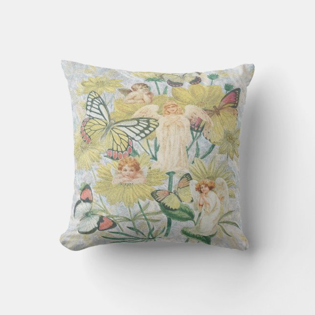 Cherubs, Butterflies and Flowers in Yellow Throw Pillow (Front)