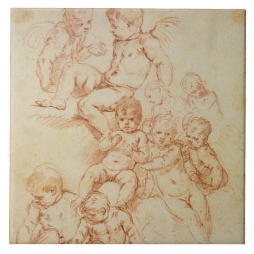 Cherubs early 17th century red chalk on paper ceramic tile