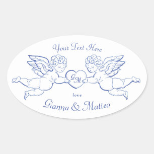 Cherubs Holding Heart Couple Cupids Initials Oval Sticker