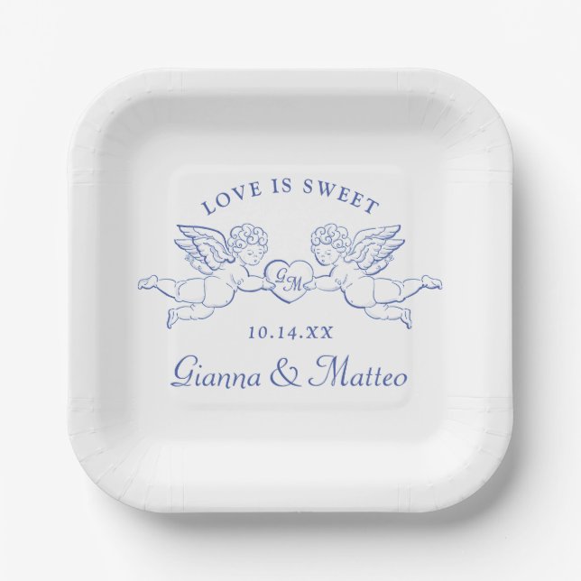 Cherubs Holding Heart Couple Cupids Initials Paper Plates (Front)