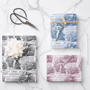Cherubs in Love Romantic French Toile de Jouy Wrapping Paper Sheets