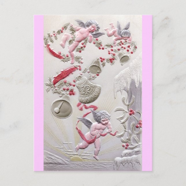 Cherubs Over the Ocean with Holly and Bell Garland Postcard (Front)