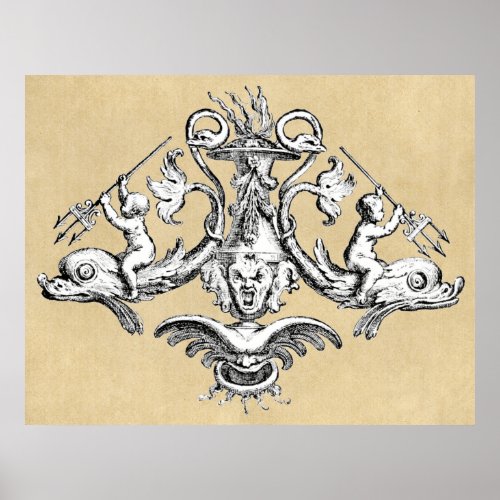 Cherubs Riding Dolphins with Tridents Poster