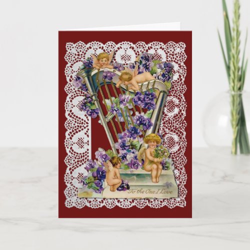 Cherubs with Harp Over White Lace Vintage Valentine Holiday Greeting Card
