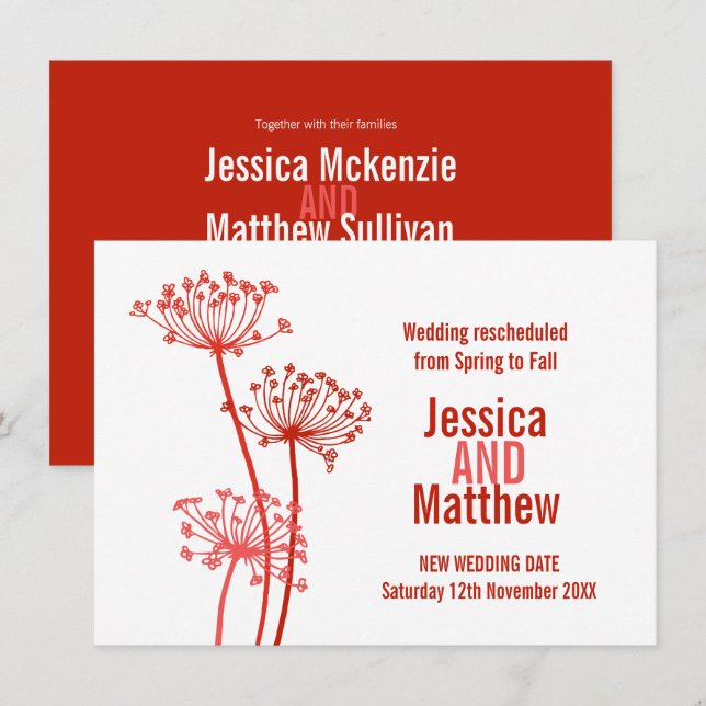 Chervil modern flowerheads red wedding rescheduled invitation (Front/Back)