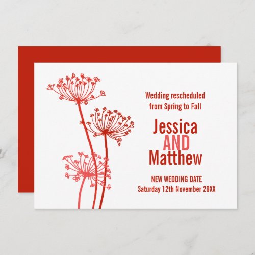 Chervil modern flowerheads red wedding rescheduled invitation