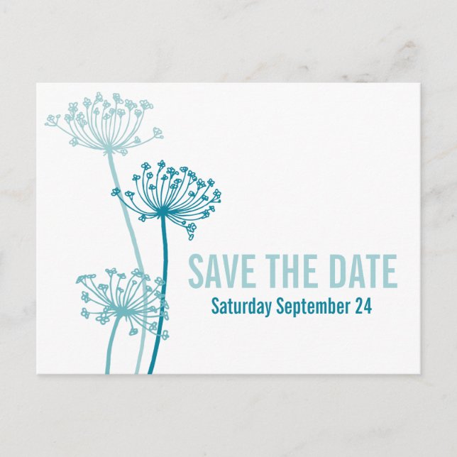 Chervil modern graphic flower teal save the date announcement postcard (Front)
