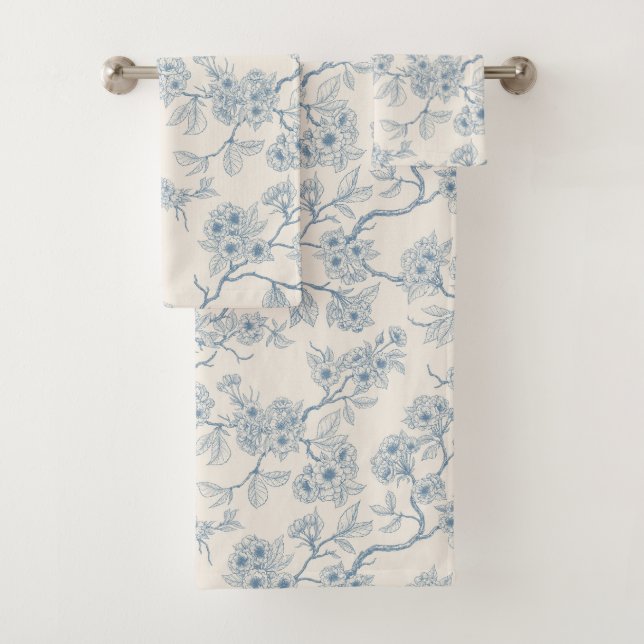 Chery blossom branches in blue and off white bath towel set (Insitu)
