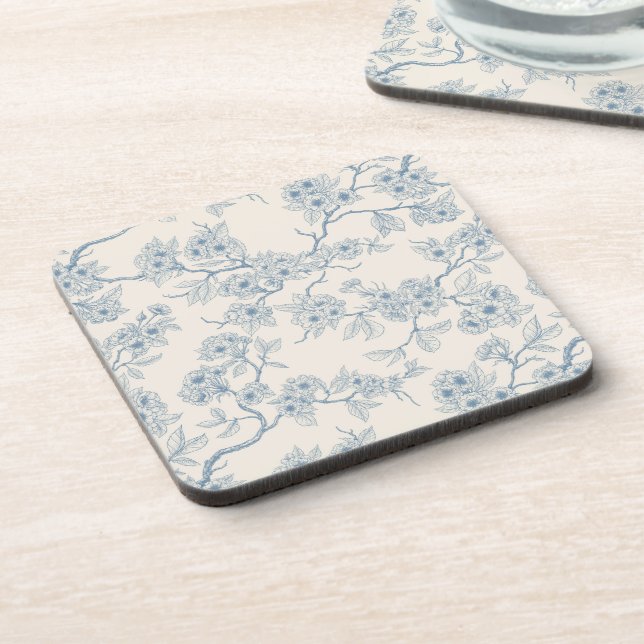 Chery blossom branches in blue and off white beverage coaster (Left Side)