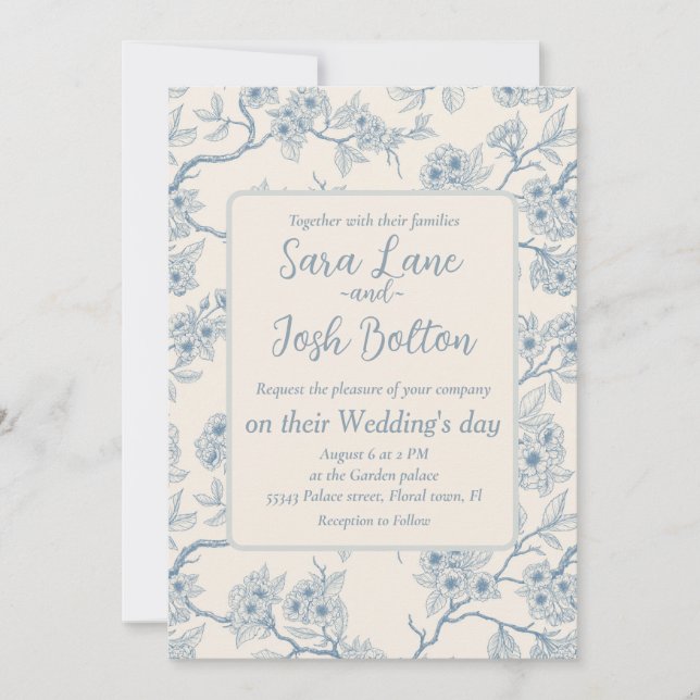 Chery blossom branches in blue and off white invitation (Front)