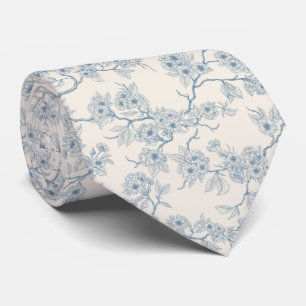 Chery blossom branches in blue and off white neck tie