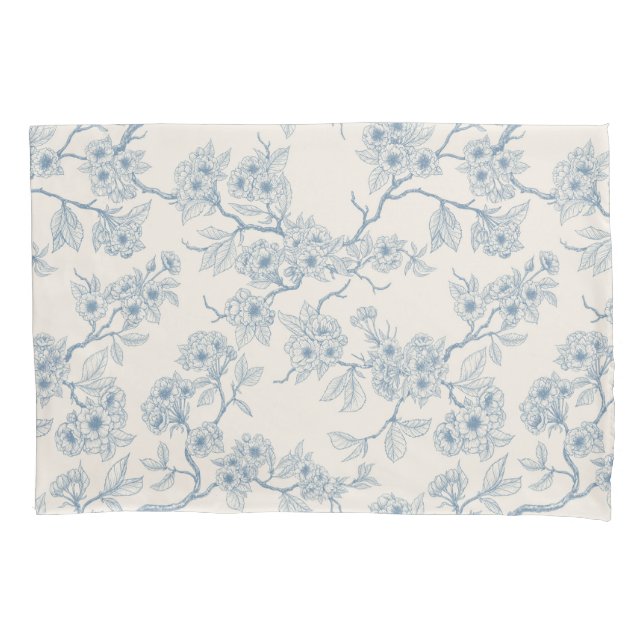Chery blossom branches in blue and off white pillow case (Front-Left)
