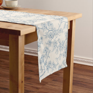 Chery blossom branches in blue and off white short table runner