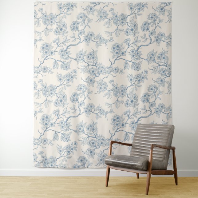 Chery blossom branches in blue and off white tapestry (In Situ)