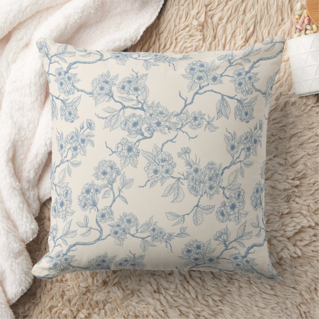 Chery blossom branches in blue and off white throw pillow (Blanket)