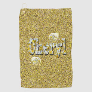Cheryl, Name On Gold With Frangipani Elephants, Golf Towel
