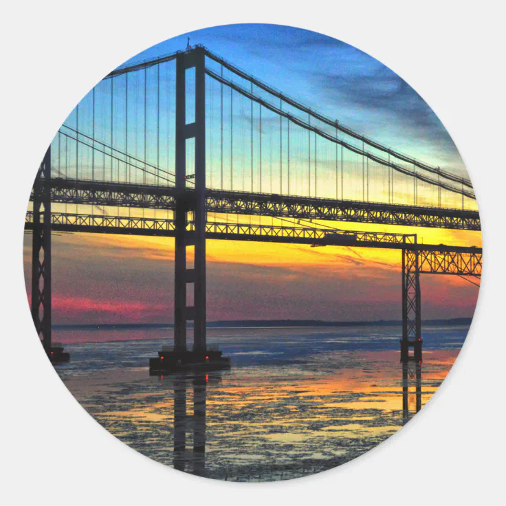 Chesapeake Bay Bridge Icy Sunset Silhouette Classic Round Sticker | Zazzle