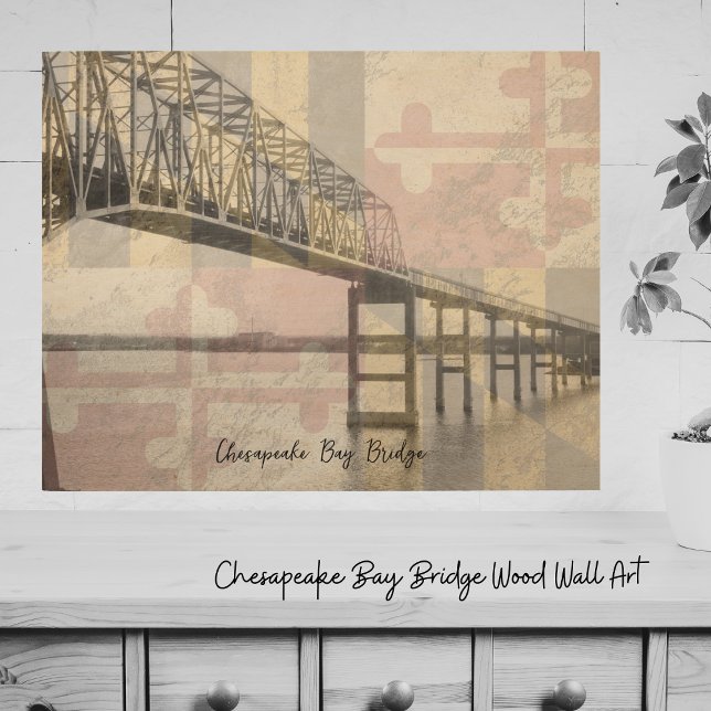 Chesapeake Bay Bridge Maryland Flag Wood Wall Art (This is a unique piece of wood art with the Chesapeake Bay Bridge to add to your walls! )