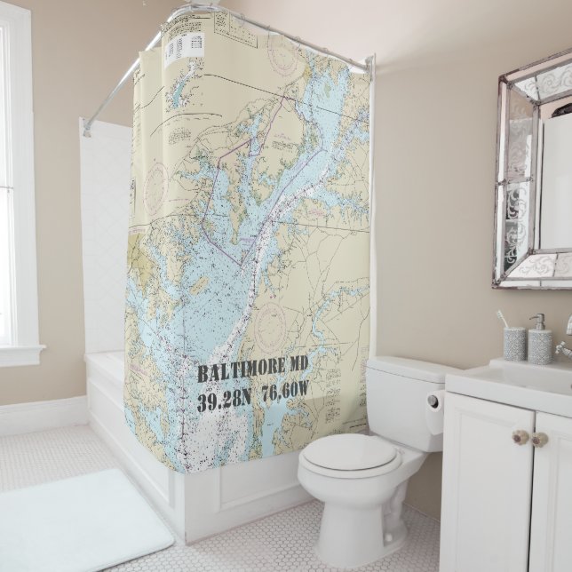 Chesapeake Bay Latitude Longitude Nautical Boat Shower Curtain (In Situ)
