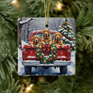 Chesapeake Bay Retriever Christmas Red Truck  Ceramic Ornament