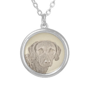Chesapeake Bay Retriever Painting Original Dog Art Silver Plated Necklace