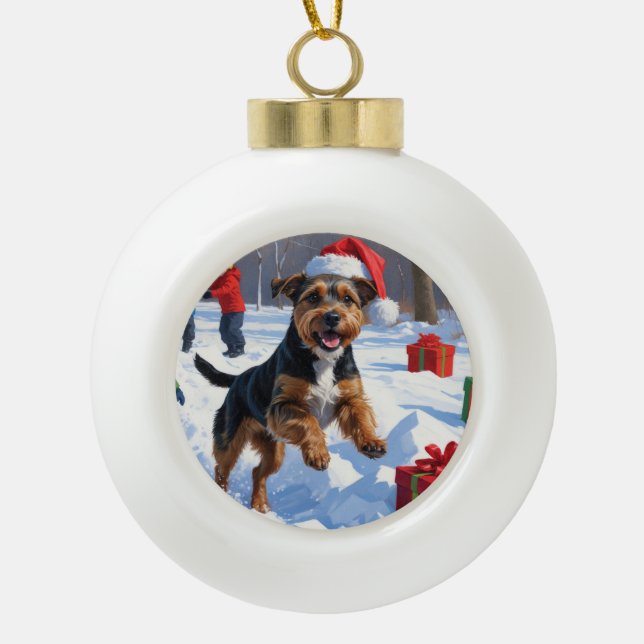 Chesapeake Bay Retriever Snow with Christmas Hat Ceramic Ball Christmas Ornament (Front)