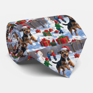 Chesapeake Bay Retriever Snow with Christmas Hat Neck Tie