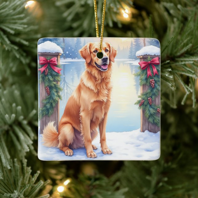 Chesapeake Bay Retriever Winter Lakeside Christmas Ceramic Ornament (Tree)